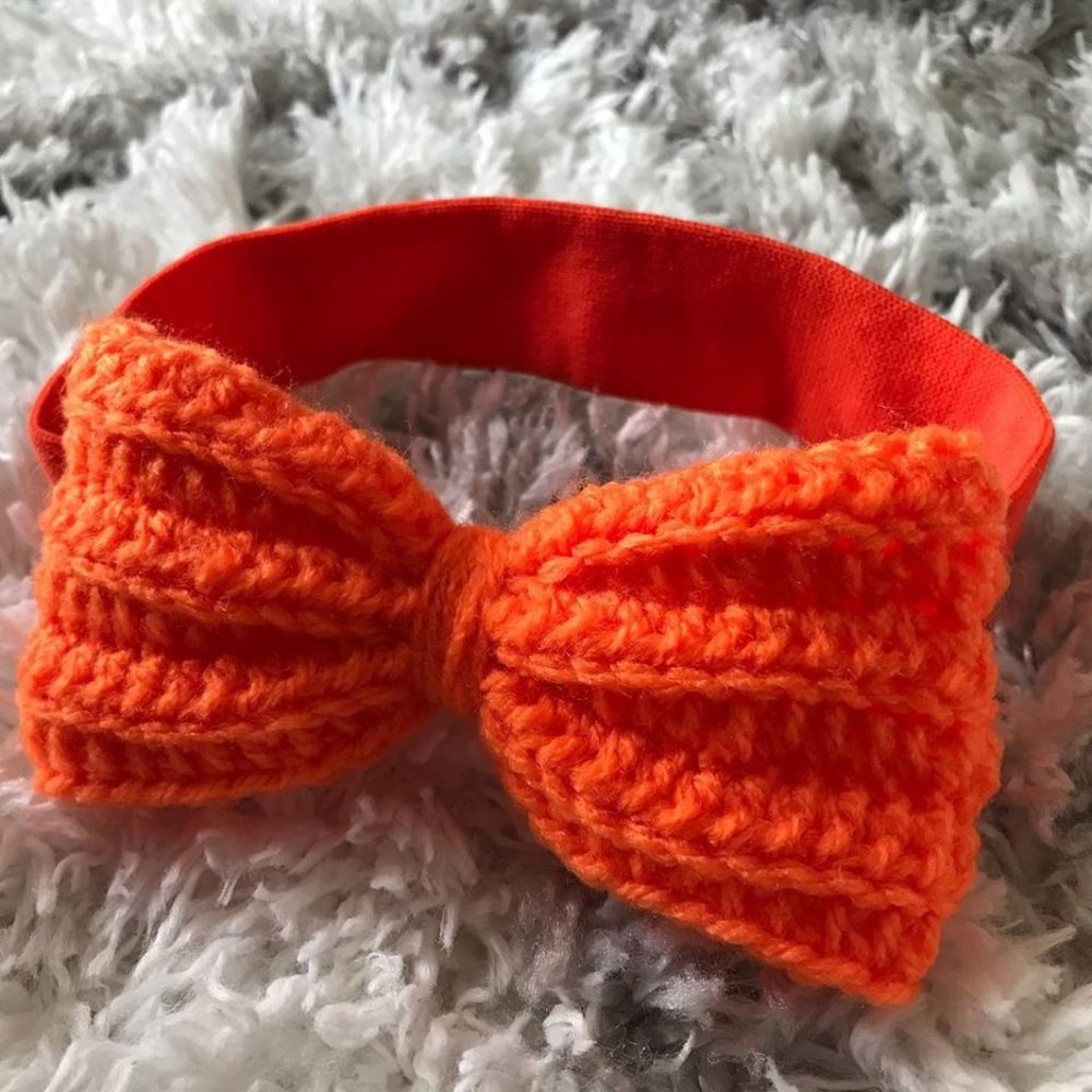 Orange crochet bow headband for baby girl or boy